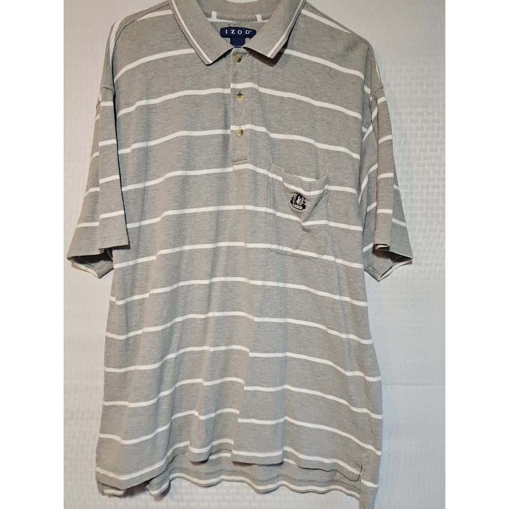 Izod Men's XL Gray Striped Polo With ‎ Pocket Logo Dad Preppy Golf Comfort